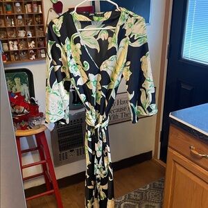 Zara Black Dress with Green and White Floral Design Size S